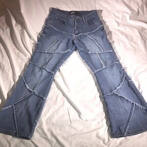 Lazer Jeans Women’s Vintage Medium Washed Patchwork Hand Fringed Wide Leg Pants